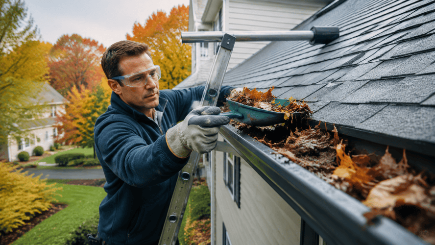cleaning clogged gutter with scoop