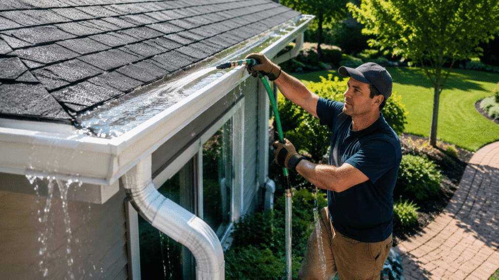 gutter downspout flushing with hose